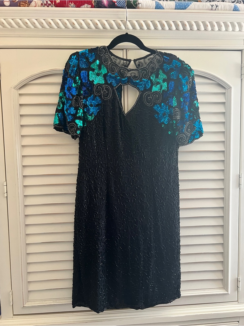 Laurence Kazar Black Midi Dress with Blue and Green Sequin Yoke